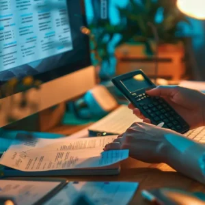 Professional managing digital paperwork at night, emphasizing the convenience of online faxing as a contemporary communication tool for businesses.